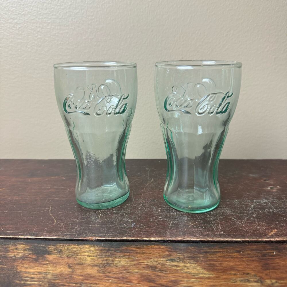 Set of 2 Vintage Coca-Cola green tint fountain shake 4.5 inch glasses Marked IG